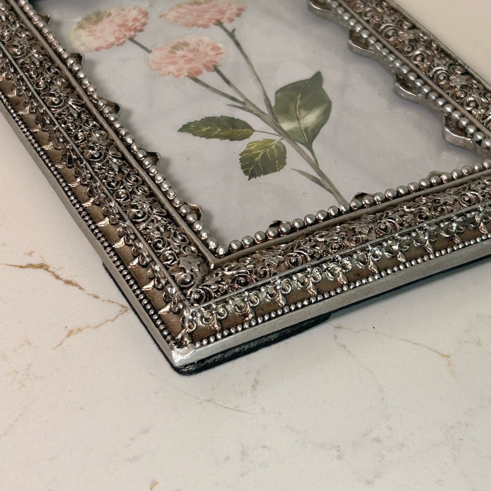 Pink Zinnia Flowers in a Vintage Azzure Home Pewter 5.5” x 3.5” Picture Frame - Picture 8 of 12